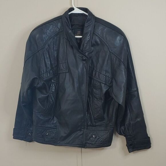VTG Black Leather Bomber Jacket Byrnes & Baker Unisex Moto Jacket Size Small - Picture 2 of 10